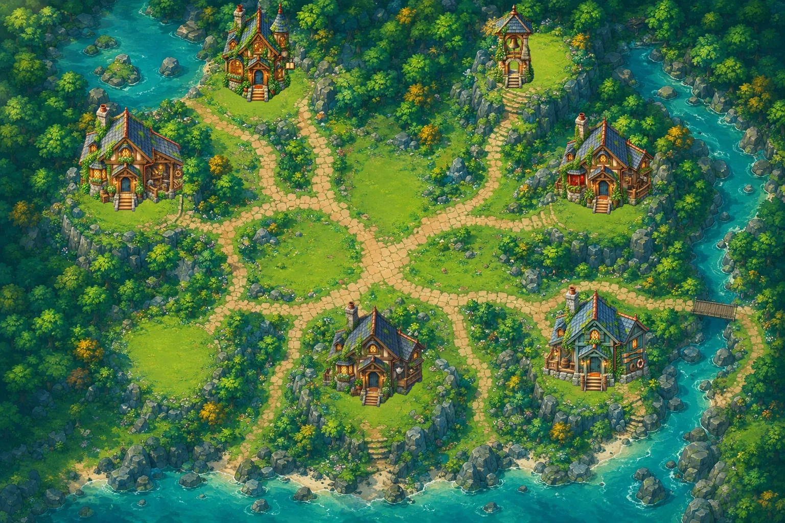 A sunlit woodland island with winding stone paths, welcoming cottages, and a turquoise river.